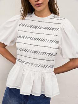 Ro&Zo Puff Sleeve Shirred Bodice Peplum Top, White - view 2, White