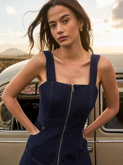 Ro&Zo Zip Front Square Neck Denim Dress, Blue - view 2, Blue