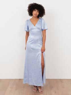 Maya Deluxe Angel Sleeve Satin Bridesmaid Dress, Pastel Blue