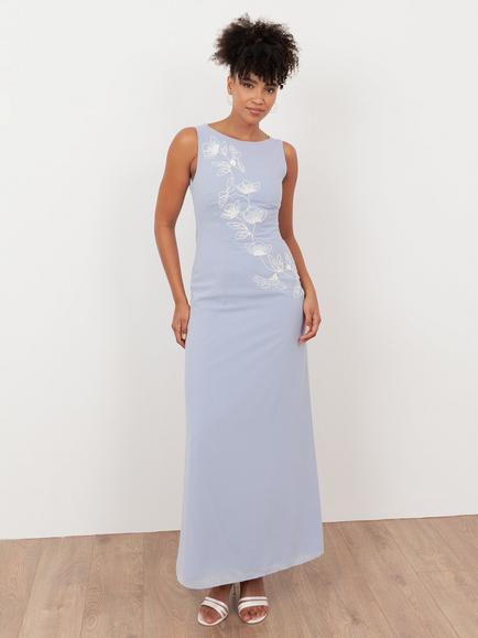 Maya Deluxe Cowl Back Embroidered Floral Bridesmaid Dress, Pastel Blue