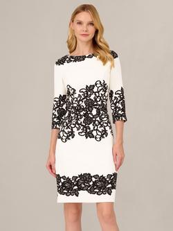 Adrianna Papell Petite Floral Scroll Lace Sheath Dress, Ivory/Black, Ivory/Black