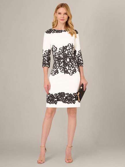 Adrianna Papell Petite Floral Scroll Lace Sheath Dress, Ivory/Black - view 2, Ivory/Black