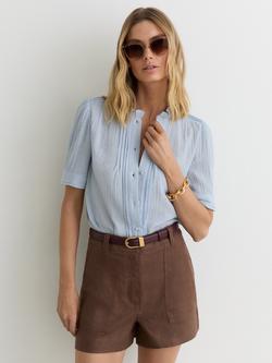 Reiss Aurelia Cotton Textured Short Sleeve Blouse, Light Blue