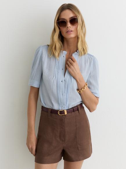 Reiss Aurelia Cotton Textured Short Sleeve Blouse, Light Blue