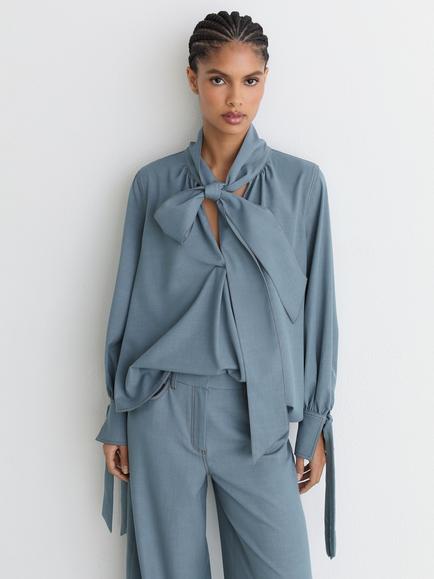 Reiss Charlotte Tie Neck Blouse, Light Blue, Light Blue