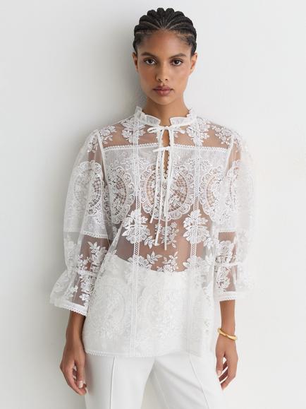 Reiss Demi Sheer Lace Shirt, Ivory, Ivory