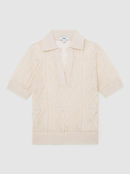 Reiss Finity Knitted Top, Cream - view 2, Cream