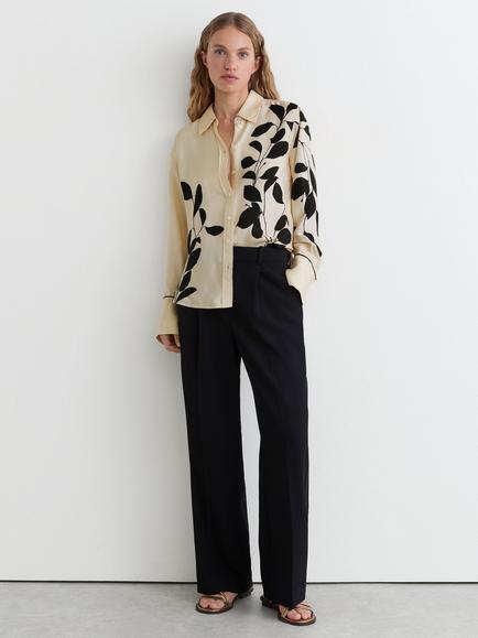 Reiss Lyla Leaf Print Shirt, Ivory/Black, Ivory/Black