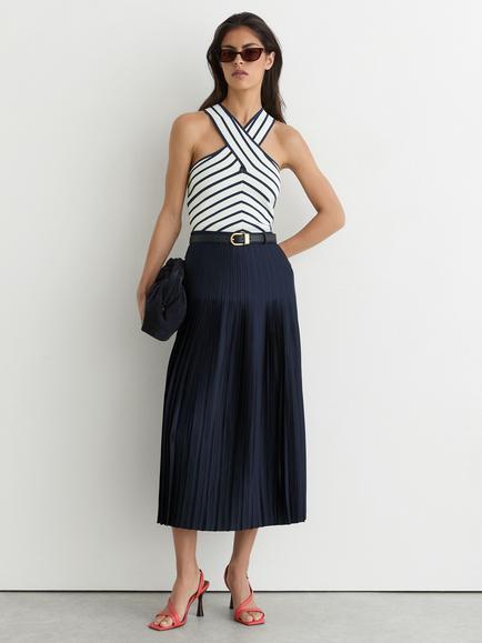 Reiss Savannah Pleated Midi Skirt, Navy, Navy