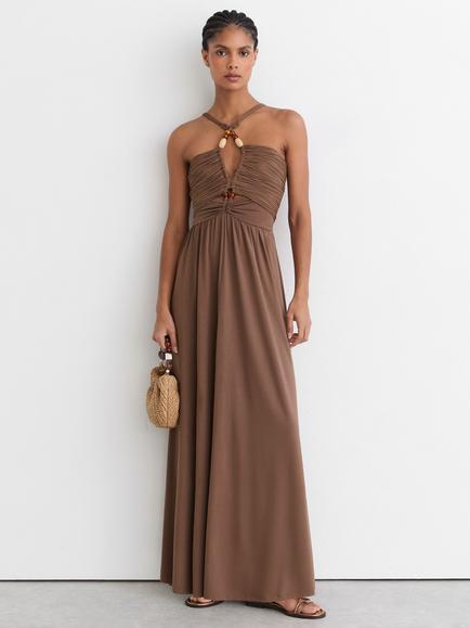 Reiss Beaded Jersey Maxi Dress, Taupe Brown - view 2, Taupe Brown