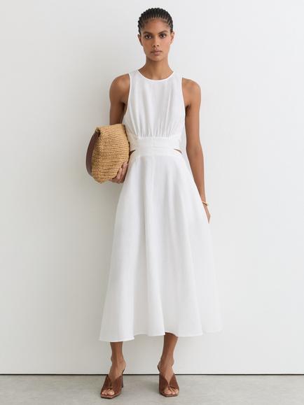Reiss Hazel Linen Blend Cut Out Midi Dress, Ivory, Ivory