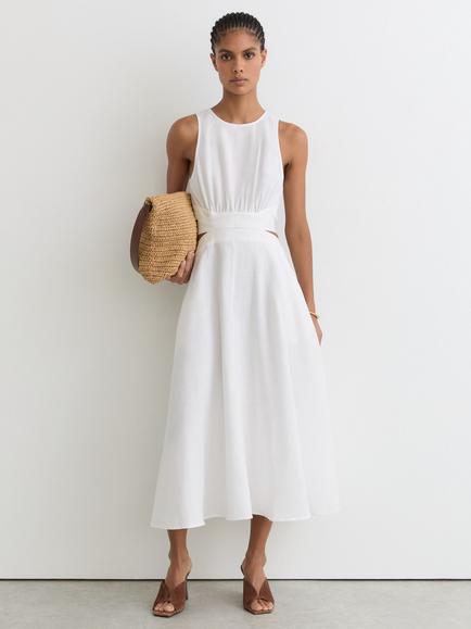 Reiss Petite Hazel Linen Blend Midi Dress, Ivory, Ivory