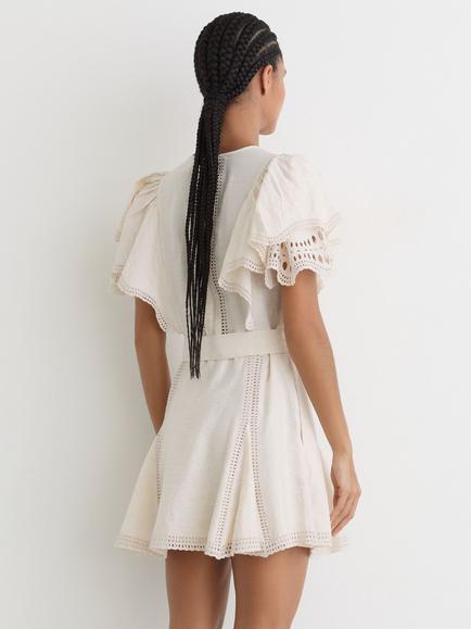 Reiss Opal A-Line Puff Sleeve Mini Dress, Cream - view 2, Cream
