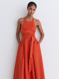 Reiss Paules Linen Halterneck Maxi Dress, Coral Orange - view 2, Coral Orange