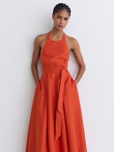 Reiss Paules Linen Halterneck Maxi Dress, Coral Orange - view 2, Coral Orange