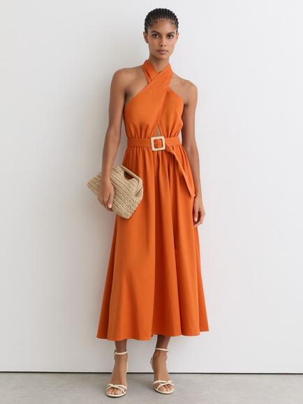 Reiss Rowe Halterneck Midi Dress, Orange, Orange