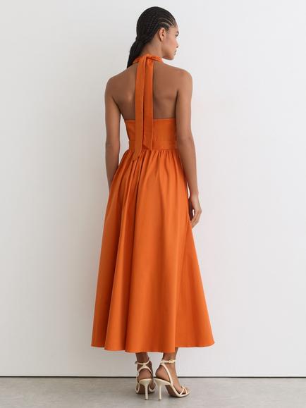 Reiss Rowe Halterneck Midi Dress, Orange - view 2, Orange