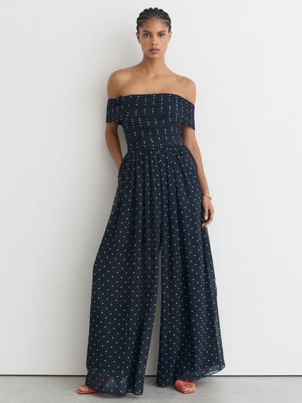 Reiss Margo Bardot Jumpsuit, Navy/Ivory, Navy/Ivory