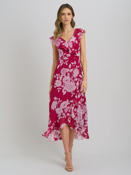 Gina Bacconi Marilyn Floral Ruffle Midi Dress, Red/White, Red/White