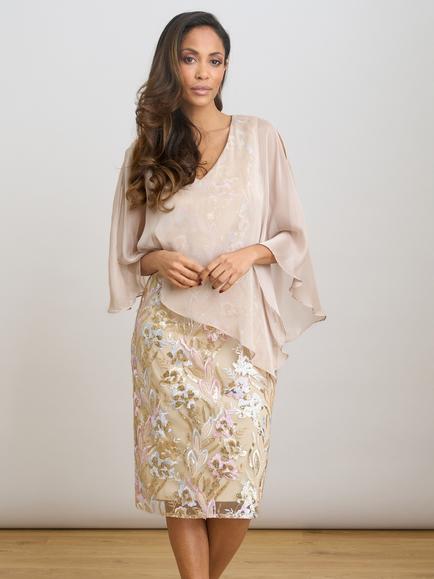 Gina Bacconi Cape Overlay Floral Dress, Champagne, Champagne