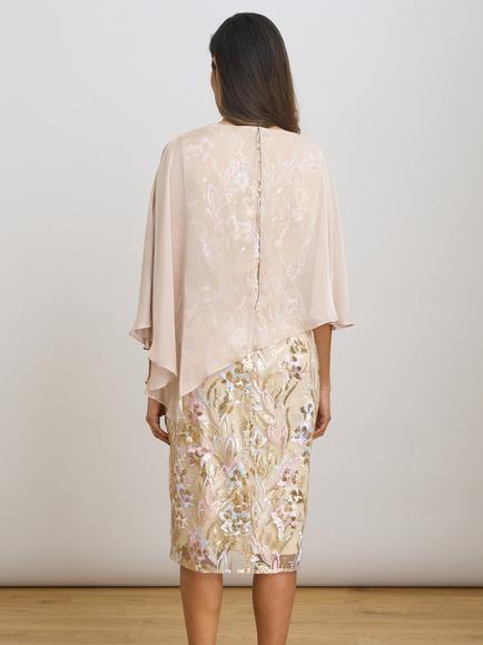 Gina Bacconi Cape Overlay Floral Dress, Champagne - view 2, Champagne