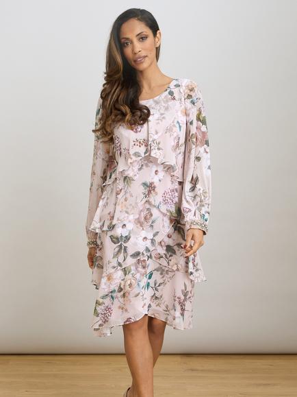Gina Bacconi Muriel Tiered Chiffon Dress, Blush/Multi, Blush/Multi