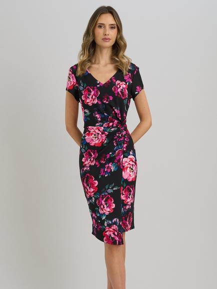 Gina Bacconi V-Neck Floral Wrap Dress, Black/Multi, Black/Multi