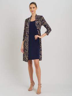 Gina Bacconi Floral Mock Dress & Jacket Set, Navy/Beige, Navy/Beige