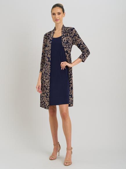 Gina Bacconi Floral Mock Dress & Jacket Set, Navy/Beige, Navy/Beige
