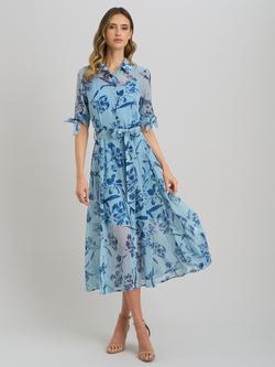 Gina Bacconi Floral Tie Waist Shirt Dress, Blue, Blue