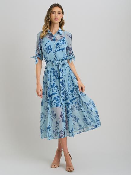 Gina Bacconi Floral Tie Waist Shirt Dress, Blue, Blue