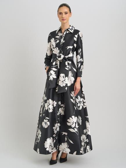 Gina Bacconi Steph Floral Tie Waist Dress, Black/White, Black/White