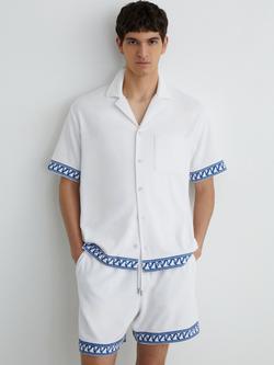 Reiss Bleeker Cotton Blend Towelling Embroidered Short Sleeve Shirt, White, White