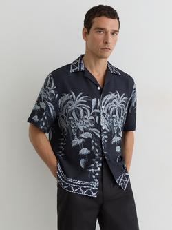 Reiss Camino Palm Print Cuban Collar Shirt, Navy