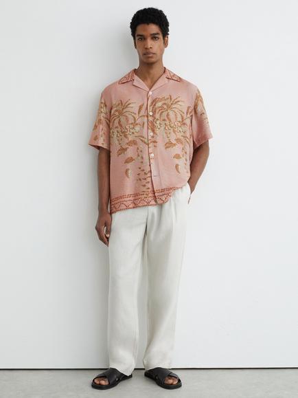 Reiss Camino Palm Print Cuban Collar Shirt, Pink