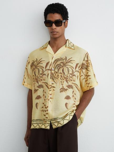Reiss Camino Palm Print Cuban Collar Shirt, Yellow