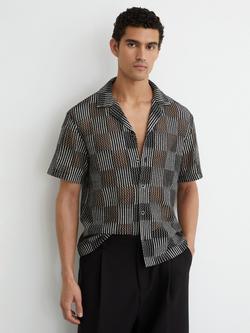 Reiss Carlos Checkerboard Crochet Cuban Collar Short Sleeve Shirt, Black, Black