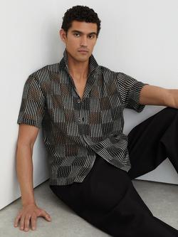 Reiss Carlos Checkerboard Crochet Cuban Collar Short Sleeve Shirt, Black - view 2, Black