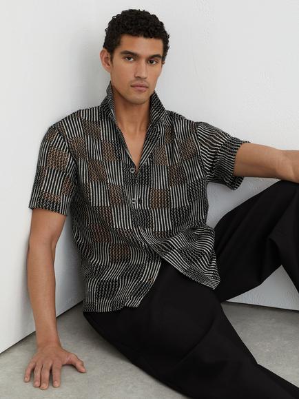 Reiss Carlos Checkerboard Crochet Cuban Collar Short Sleeve Shirt, Black - view 2, Black
