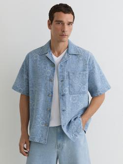 Reiss Merito Denim Jacquard Short Sleeve Shirt, Soft Blue, Soft Blue