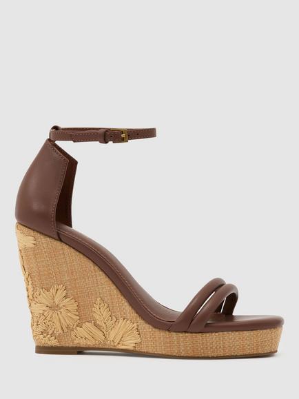 Reiss Hazel Embroidered Wedge Heel Strappy Sandals, Tan, Tan