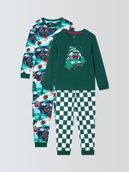 John Lewis Kids' Skiing Pyjamas, Pack of 2, Green, Green