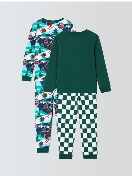 John Lewis Kids' Skiing Pyjamas, Pack of 2, Green - view 2, Green