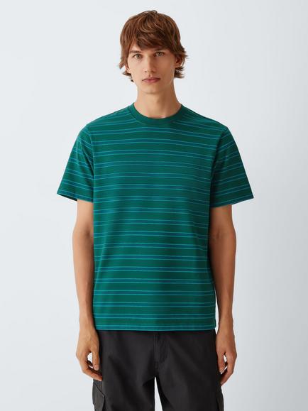 Kin Cotton Regular Fit Stripe Crew Neck T-Shirt, Green/Multi, Green Multi