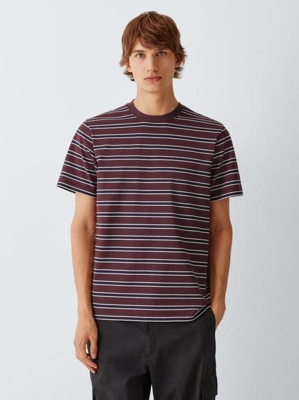 Kin Cotton Regular Fit Stripe Crew Neck T-Shirt, Plum/Multi, Plum Multi