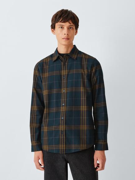 John Lewis Cotton Regular Fit Flannel Check Shirt, Brown/Blue, Brown/Blue