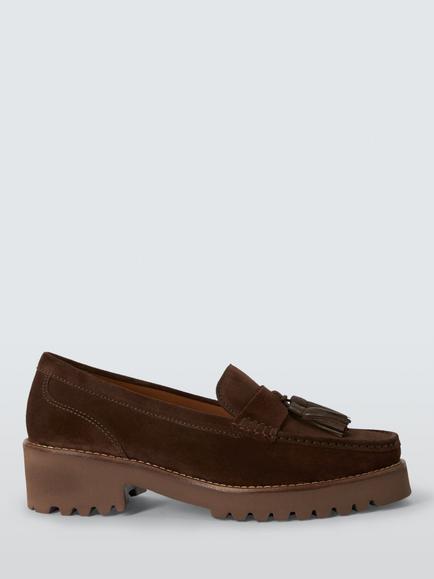John Lewis Orlagh Suede Comfort Flatform Tassel Loafers, Chocolate, Chocolate