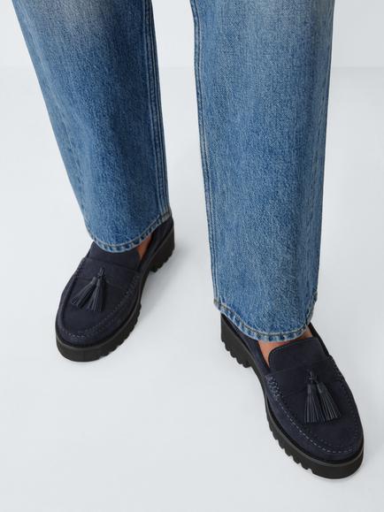 John Lewis Orlagh Suede Comfort Flatform Tassel Loafers, Navy - view 2, Navy