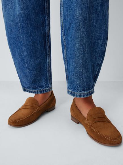 John Lewis Penn Suede Flexi Comfort Penny Loafers, Chestnut, - view 2, Chestnut