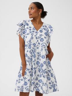KAFFE Kaluisa Floral Flutter Sleeve Tunic Dress, Chalk Midnight Flowe
